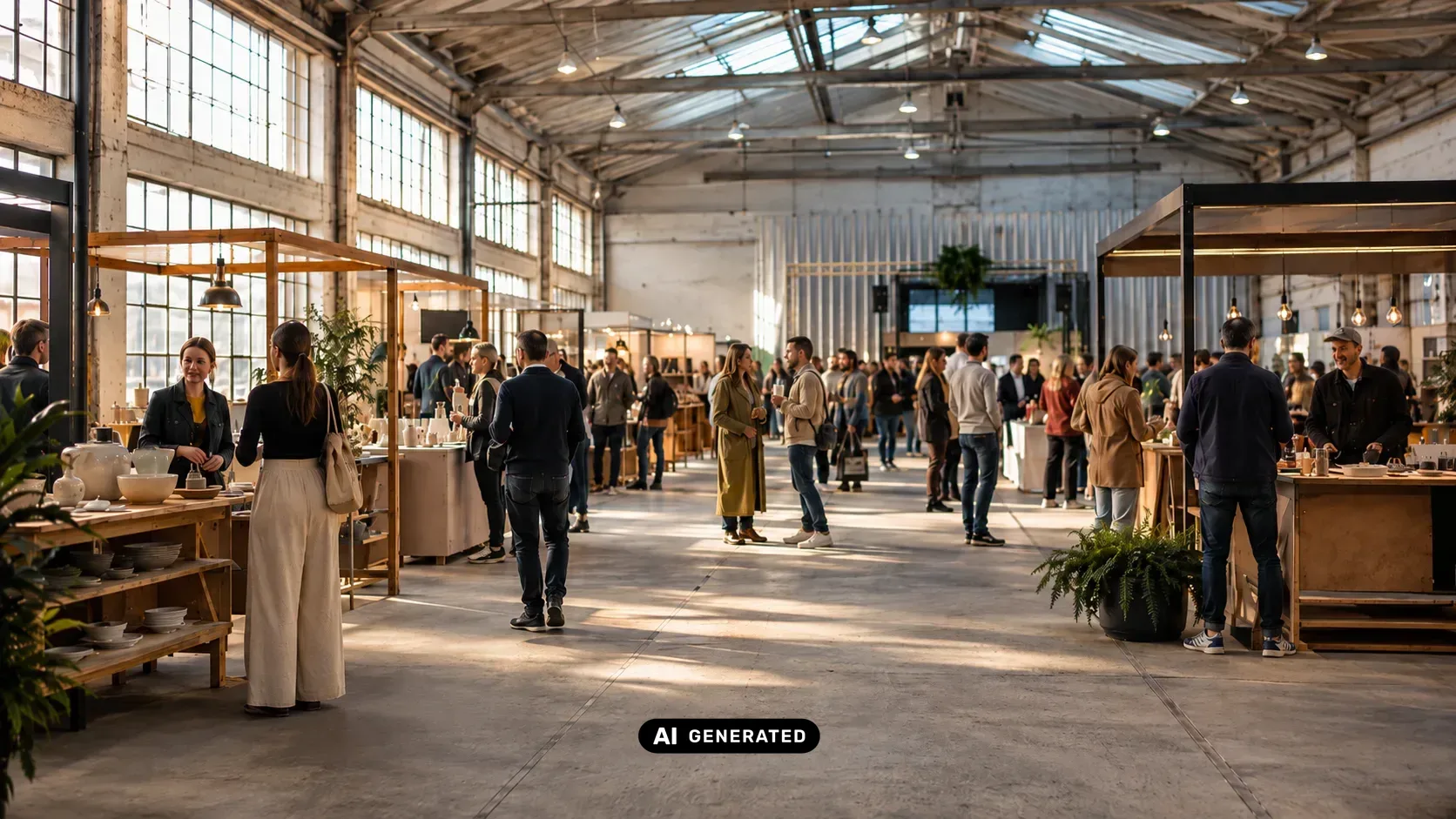 Kleiner Markt und Messebereich in Berlin mit Verkaufsständen, Pavillons, Mobiliar und Beleuchtung im Außenbereich