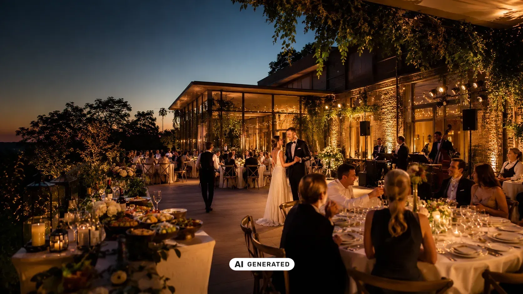 Hochzeitslocation in Berlin und Brandenburg mit gedeckter Tafel, Blumendekoration, Kerzenlicht und warmer Ambientebeleuchtung
