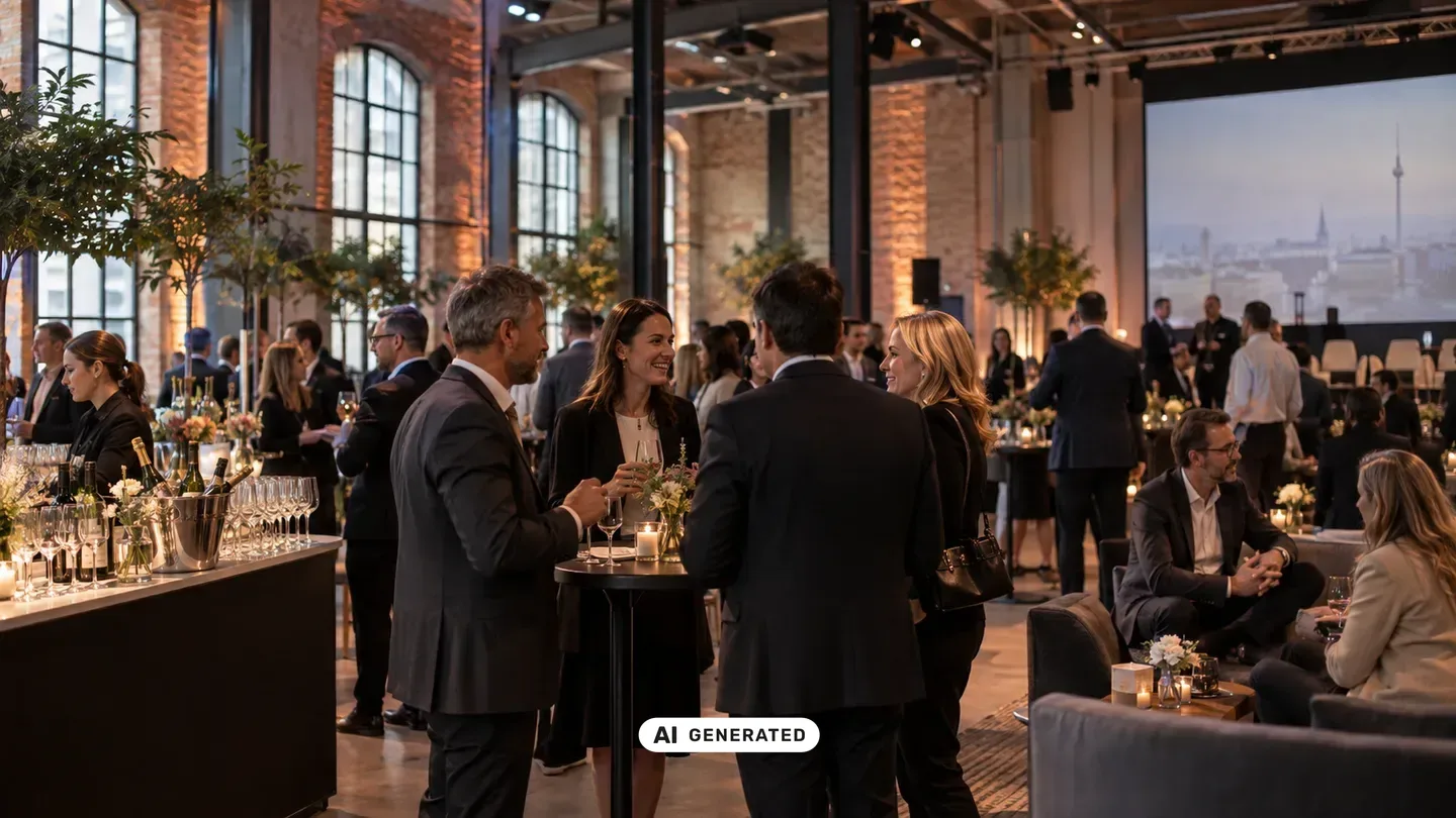 Firmenveranstaltung in Berlin mit gedeckten Tischen, Präsentationsfläche und Veranstaltungstechnik in einem modernen Eventsaal