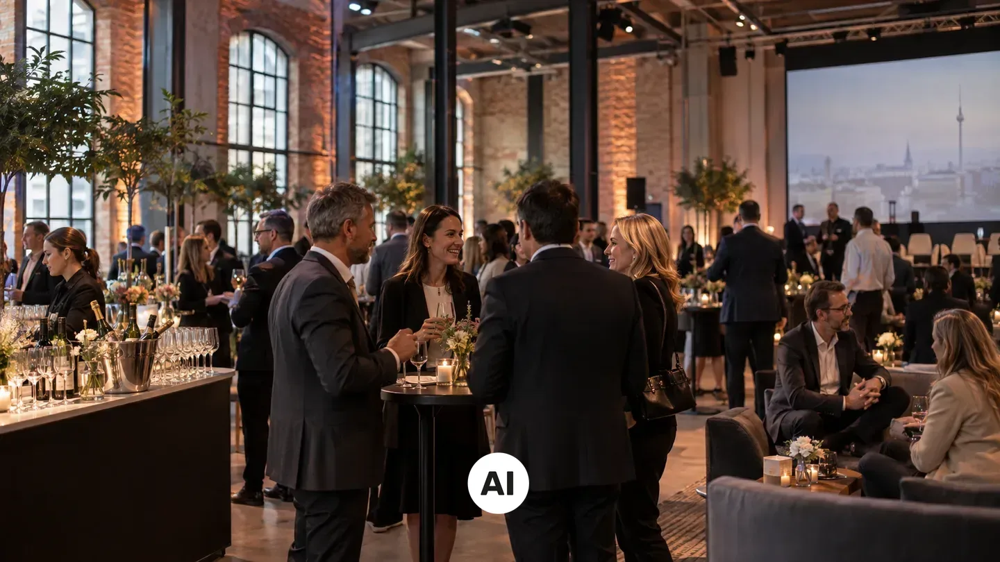 Firmenveranstaltung in Berlin mit gedeckten Tischen, Präsentationsfläche und Veranstaltungstechnik in einem modernen Eventsaal
