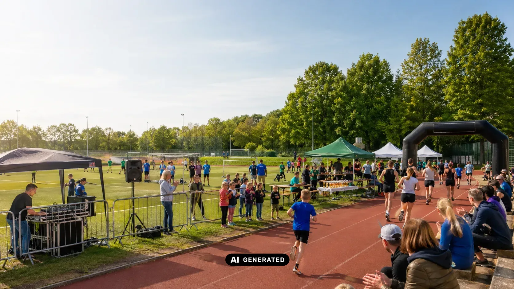 Sportevent in Berlin und Brandenburg mit Athleten, einer mobilen Anzeigefläche und einem Bereich für Siegerehrungen
