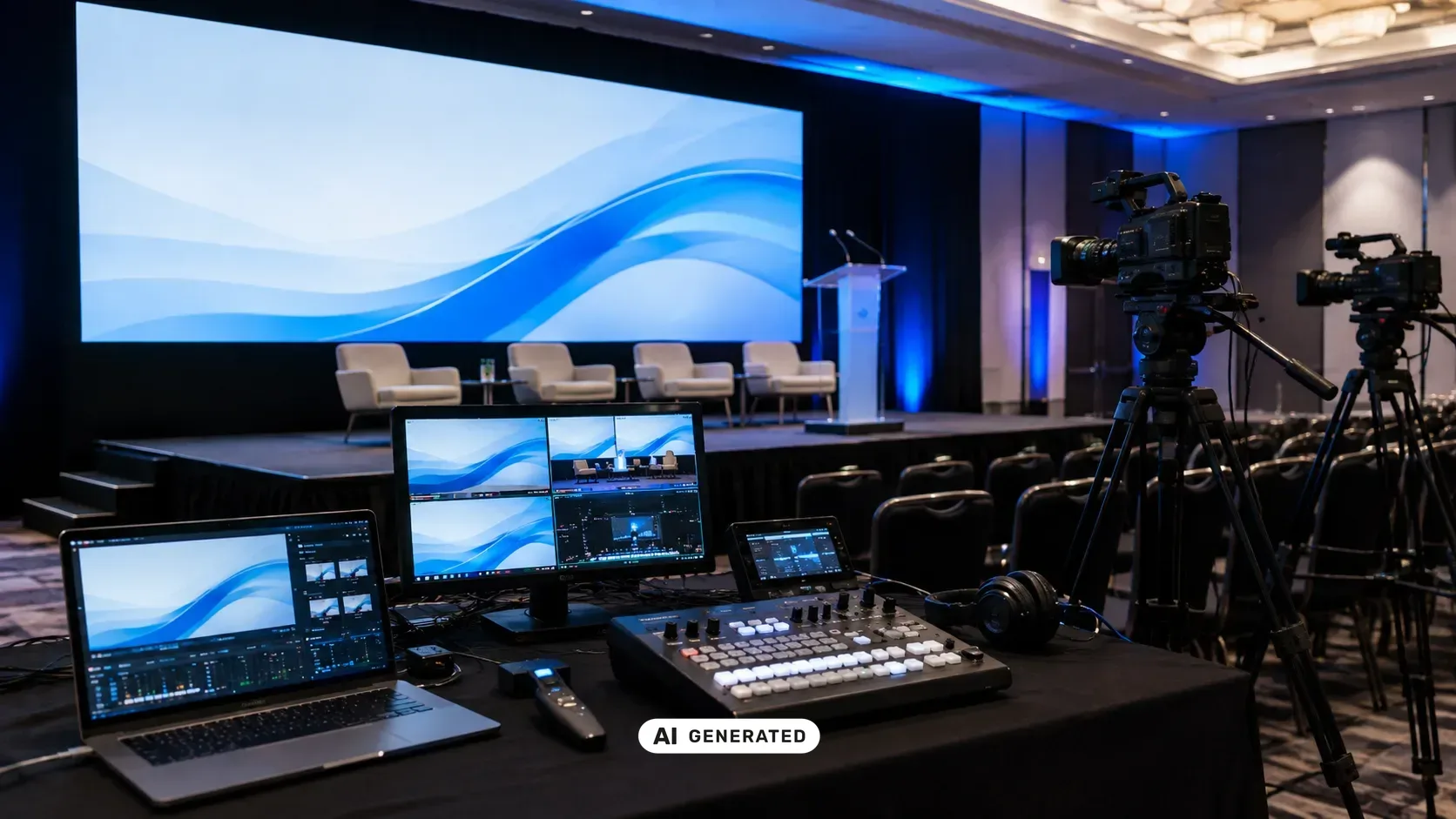 Bild- und Videotechnik bei einer Konferenz in Berlin mit LED-Screen, Kamerasetup und Regiepult