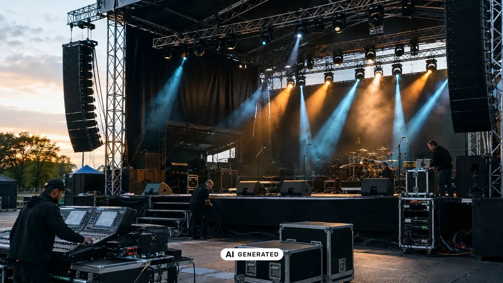 Bühnentechnik bei einem Event in Berlin mit Scheinwerfern, Truss-Konstruktion und PA-Anlage auf einer Indoor-Bühne