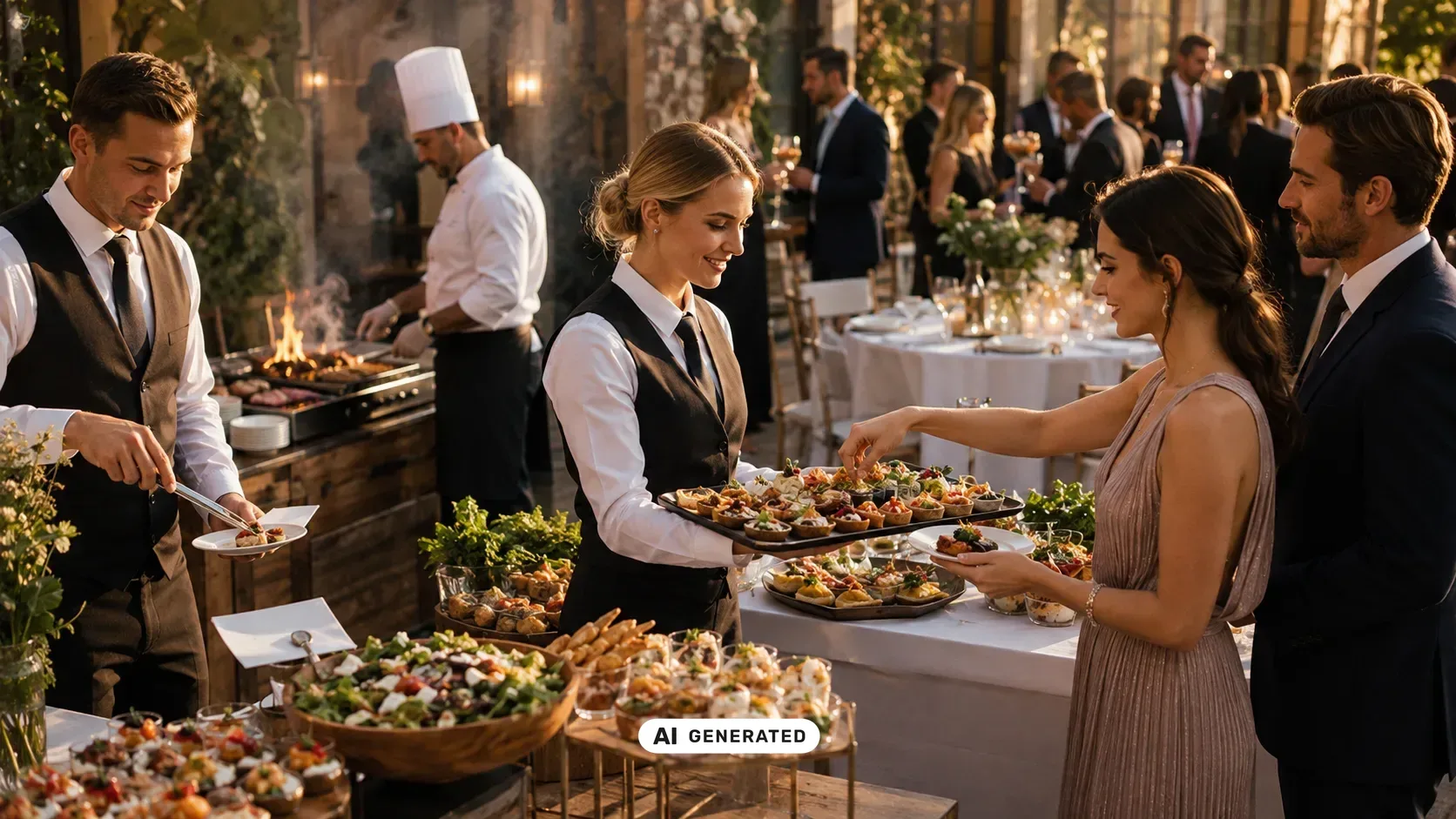 Event-Catering in Berlin mit angerichtetem Buffet, Fingerfood, Vorspeisen und Getränken auf einer festlich dekorierten Tafel