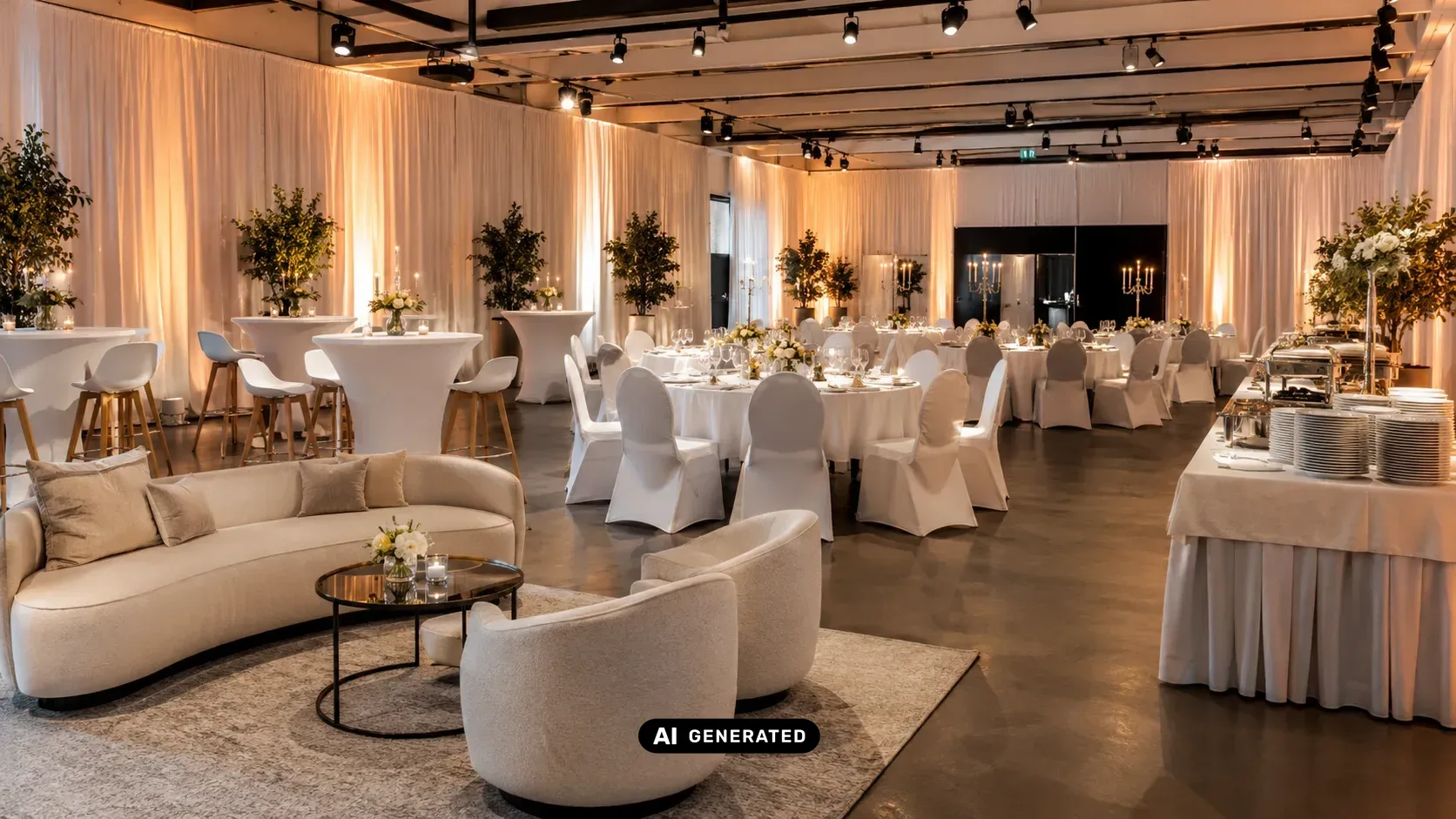 Eventmobiliar in Berlin mit festlich gedeckten Tischen, Loungemöbeln und floraler Dekoration in einer Eventlocation
