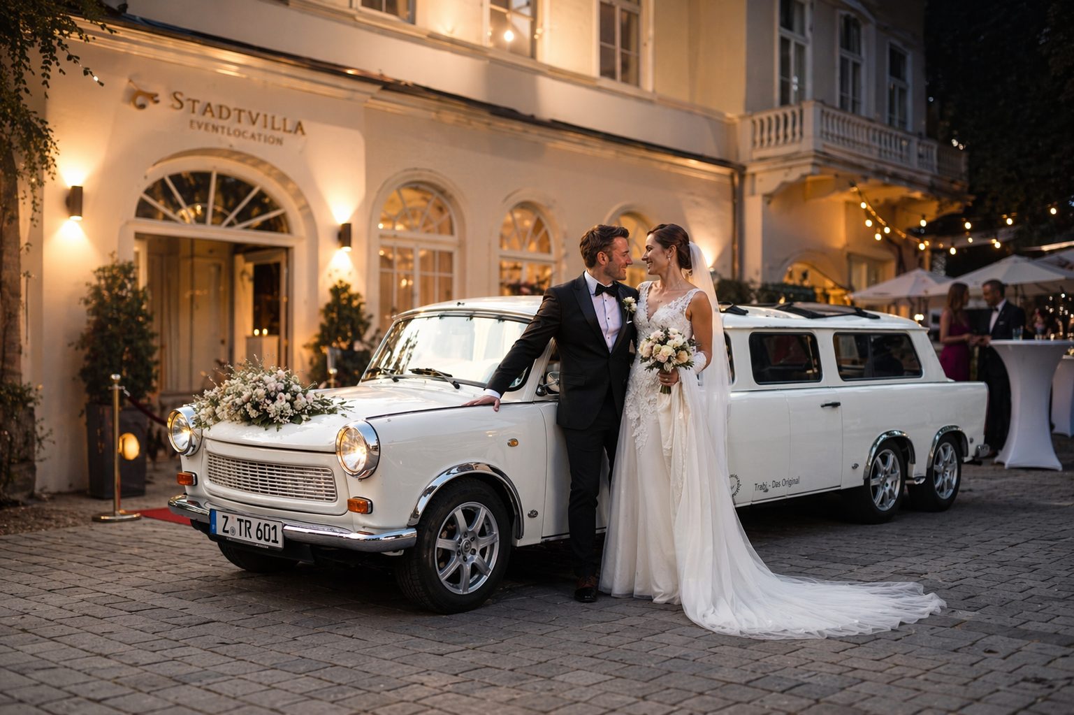 Schwarze Stretchlimousine mit Chauffeur in Berlin vor einer Eventlocation