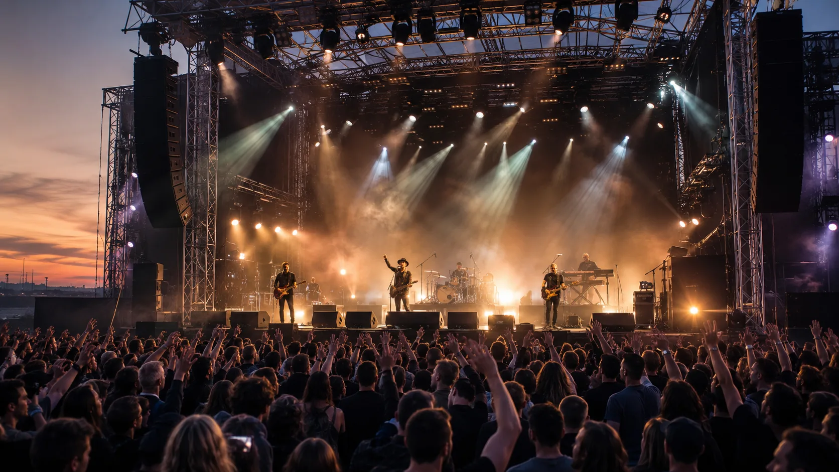 Live-Konzert in Berlin mit Band auf einer beleuchteten Bühne, PA-Anlage und Publikum