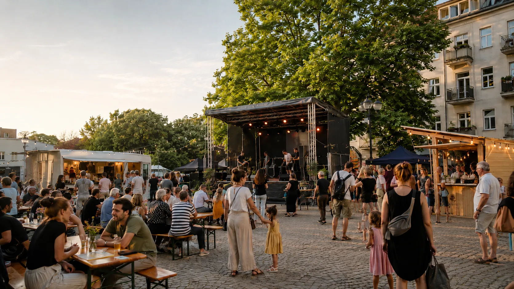 Straßenfest in Berlin mit Publikum vor einer Open-Air-Bühne, Lichttechnik und gastronomischen Ständen
