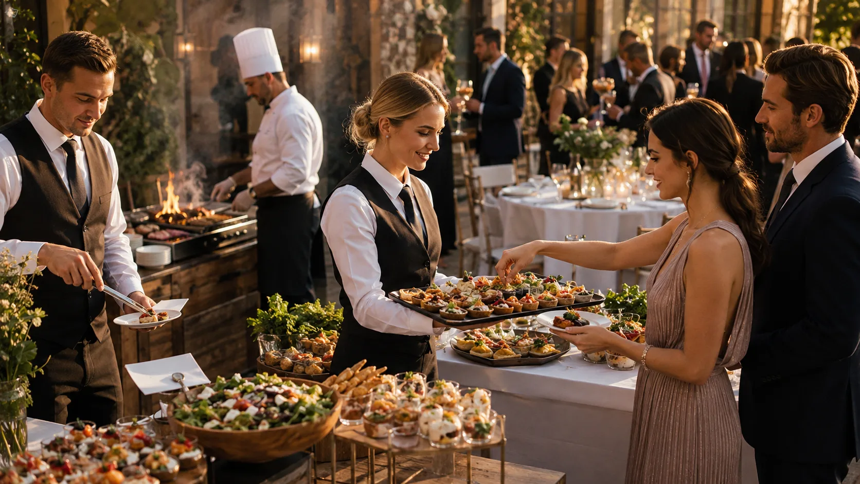 Event-Catering in Berlin mit angerichtetem Buffet, Fingerfood, Vorspeisen und Getränken auf einer festlich dekorierten Tafel