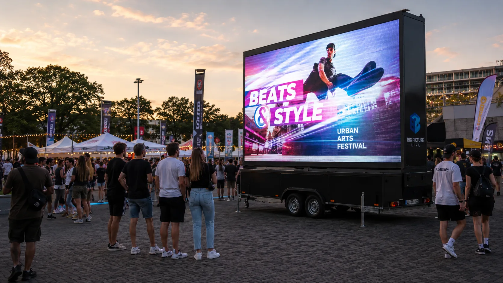 Mobiler LED-Trailer in Berlin mit leuchtender LED-Wand bei einem Outdoor-Event in der Abenddämmerung