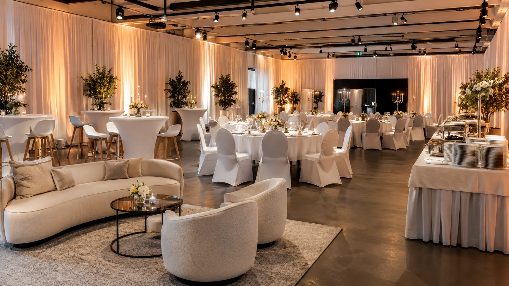 Eventmobiliar in Berlin mit festlich gedeckten Tischen, Loungemöbeln und floraler Dekoration in einer Eventlocation